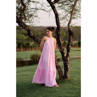 Raas Life Pink Birds Of Paradise Checks Halter Neck Dress
