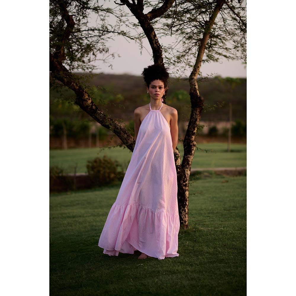 Raas Life Pink Birds Of Paradise Stripe Halter Neck Dress