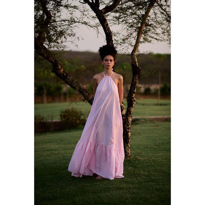 Raas Life Pink Birds Of Paradise Stripe Halter Neck Dress