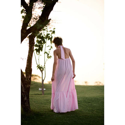 Raas Life Pink Birds Of Paradise Stripe Halter Neck Dress