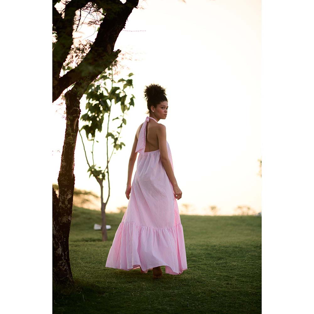Raas Life Pink Birds Of Paradise Stripe Halter Neck Dress