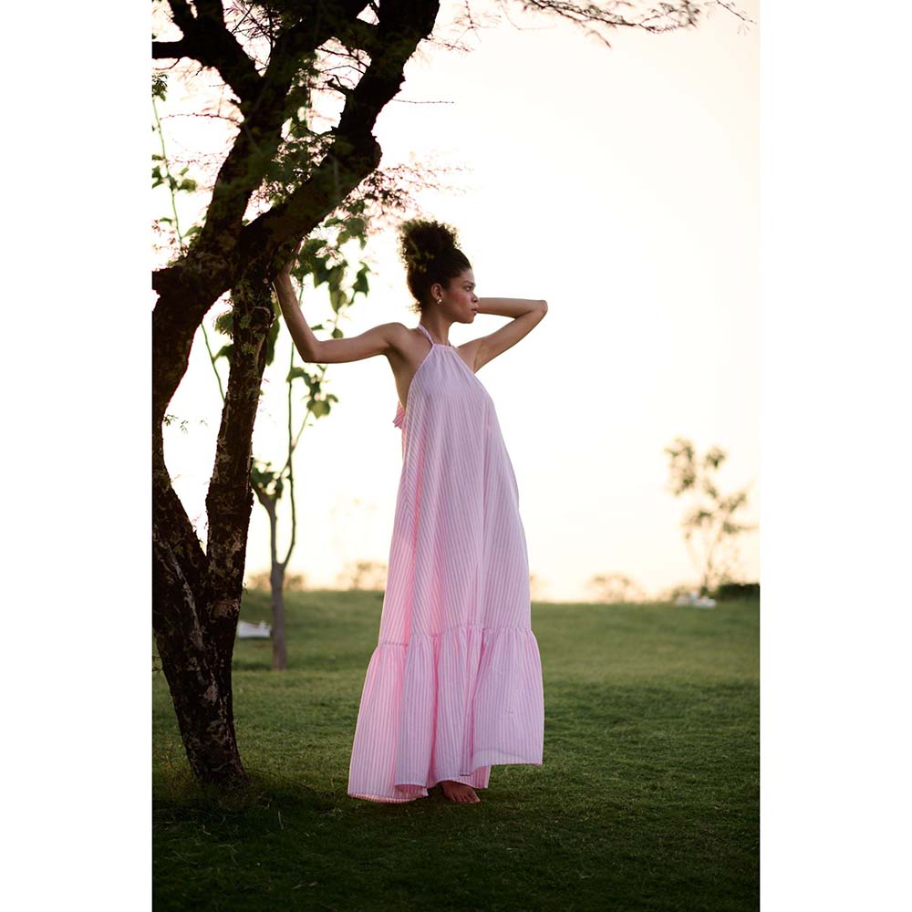 Raas Life Pink Birds Of Paradise Stripe Halter Neck Dress