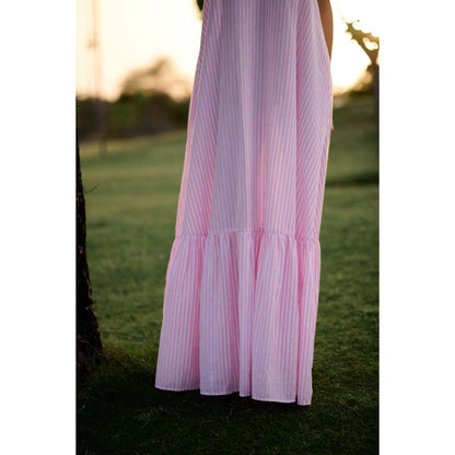 Raas Life Pink Birds Of Paradise Stripe Halter Neck Dress