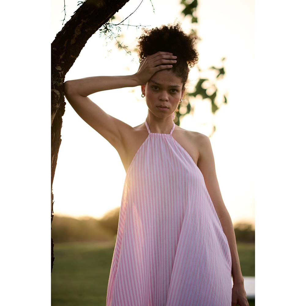 Raas Life Pink Birds Of Paradise Stripe Halter Neck Dress