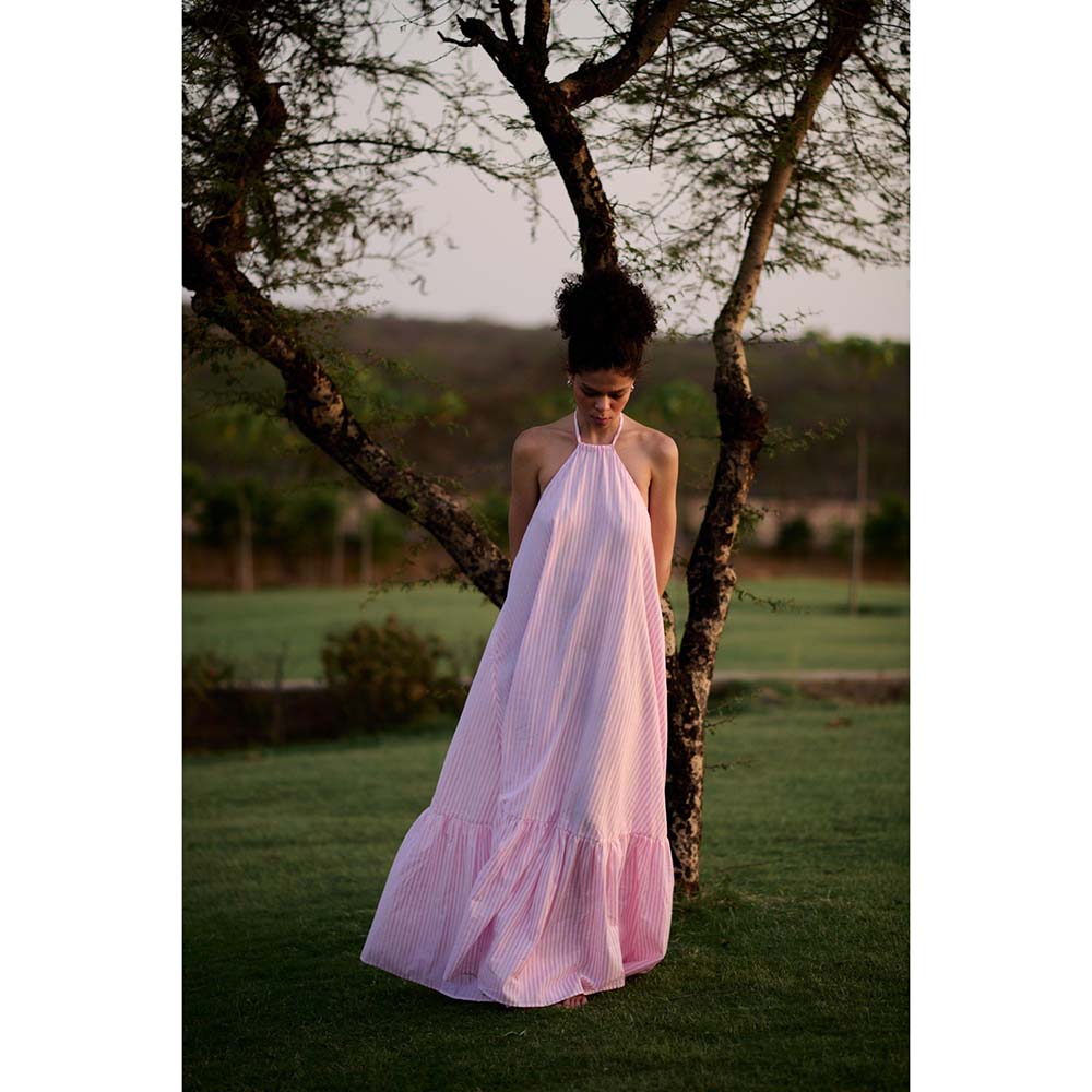 Raas Life Pink Birds Of Paradise Stripe Halter Neck Dress