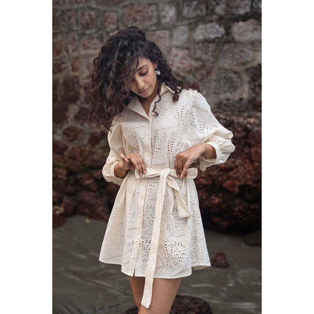 Raas Life Cream Cookie Self Design Dress With Belt