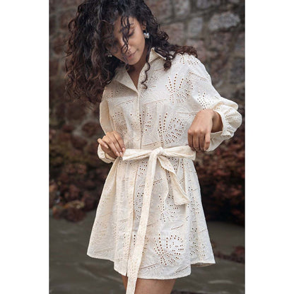 Raas Life Cream Cookie Self Design Dress With Belt