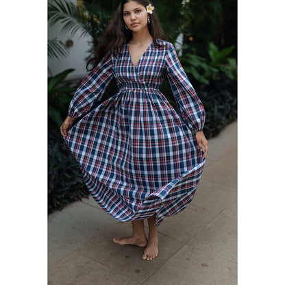 Raas Life Blue Roosh Checks Print Dress