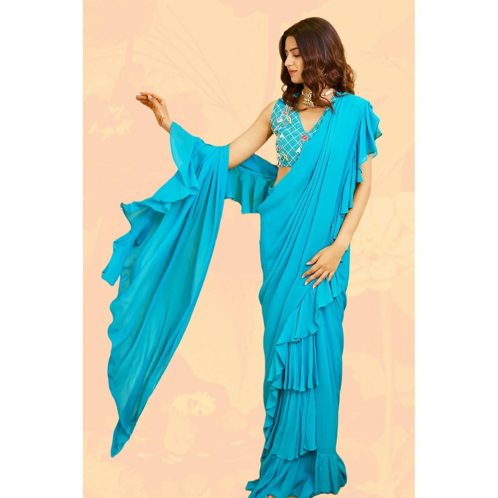 Rabnoor K Sethi Blue Ruffled Draped Saree with Stitched Blouse