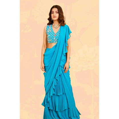 Rabnoor K Sethi Blue Ruffled Draped Saree with Stitched Blouse