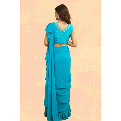 Rabnoor K Sethi Blue Ruffled Draped Saree with Stitched Blouse