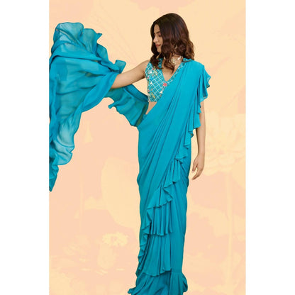 Rabnoor K Sethi Blue Ruffled Draped Saree with Stitched Blouse