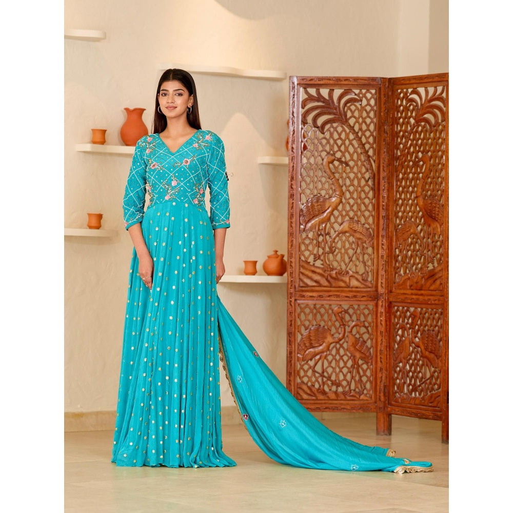 Rabnoor K Sethi Blue All Over Embellished Beaded Anarkali with Pant and Dupatta (Set of 3)
