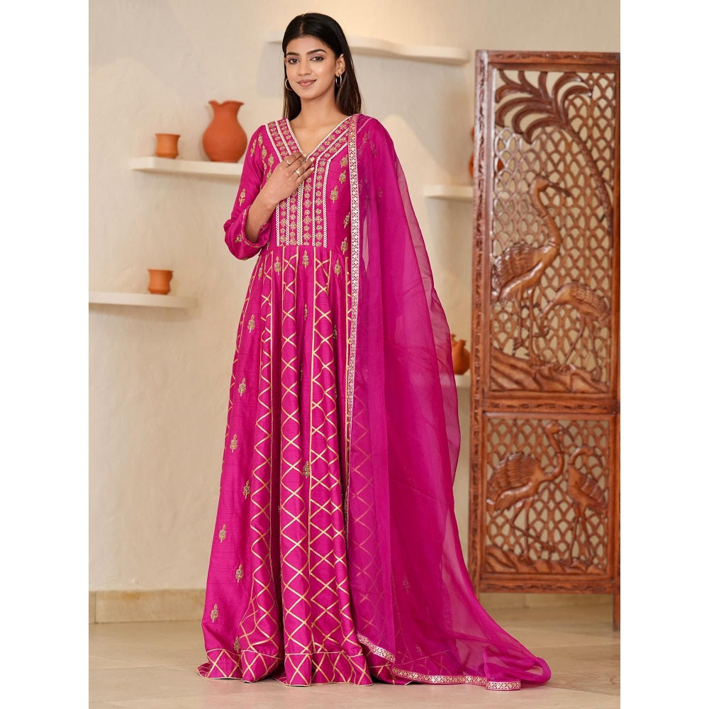 Rabnoor K Sethi Pink Zardozi and Hand Embroidered Anarkali with Pant and Dupatta (Set of 3)