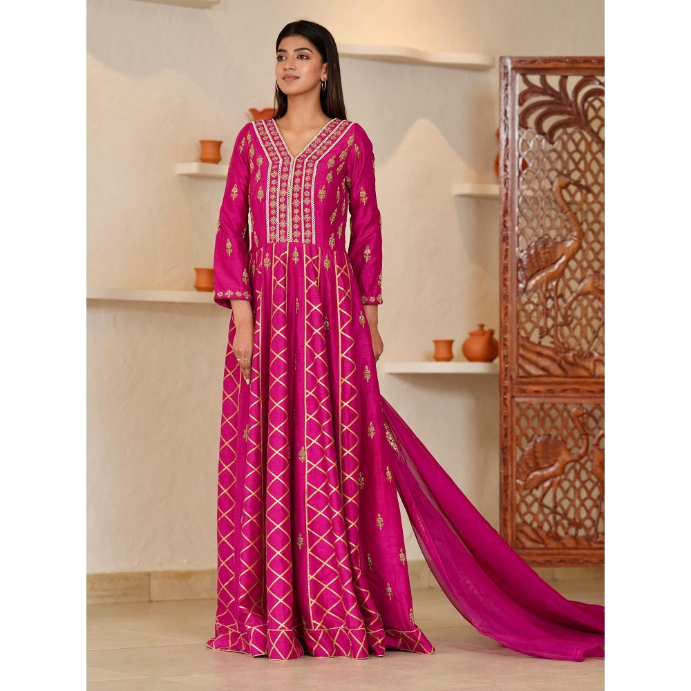Rabnoor K Sethi Pink Zardozi and Hand Embroidered Anarkali with Pant and Dupatta (Set of 3)