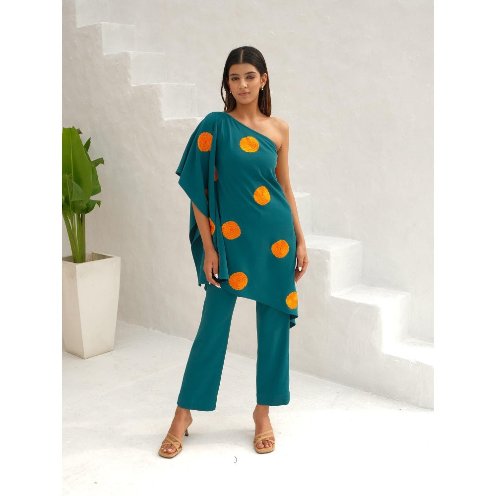 Rabnoor K Sethi Teal Green Floral Embroidered Co-Ord (Set of 2)