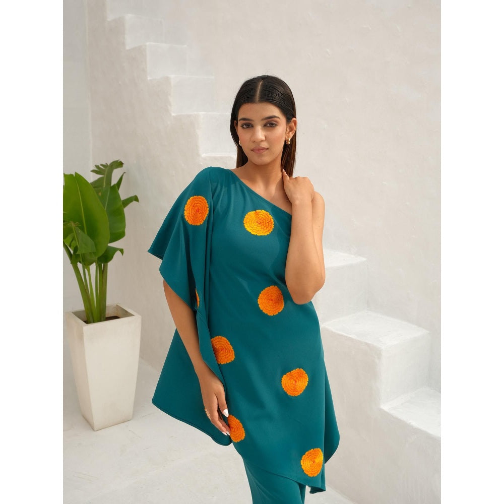 Rabnoor K Sethi Teal Green Floral Embroidered Co-Ord (Set of 2)