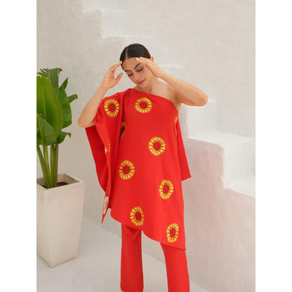 Rabnoor K Sethi Orange-Tangerine Orange Sunflower Embroidered Kaftan with Pant (Set of 2)