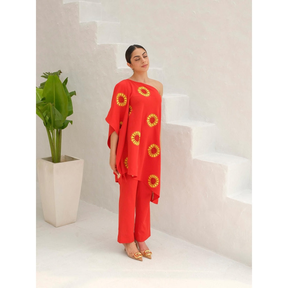 Rabnoor K Sethi Orange-Tangerine Orange Sunflower Embroidered Kaftan with Pant (Set of 2)