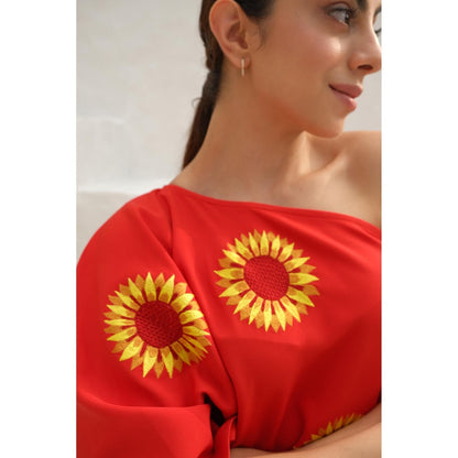 Rabnoor K Sethi Orange-Tangerine Orange Sunflower Embroidered Kaftan with Pant (Set of 2)