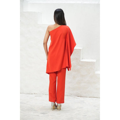 Rabnoor K Sethi Orange-Tangerine Orange Sunflower Embroidered Kaftan with Pant (Set of 2)