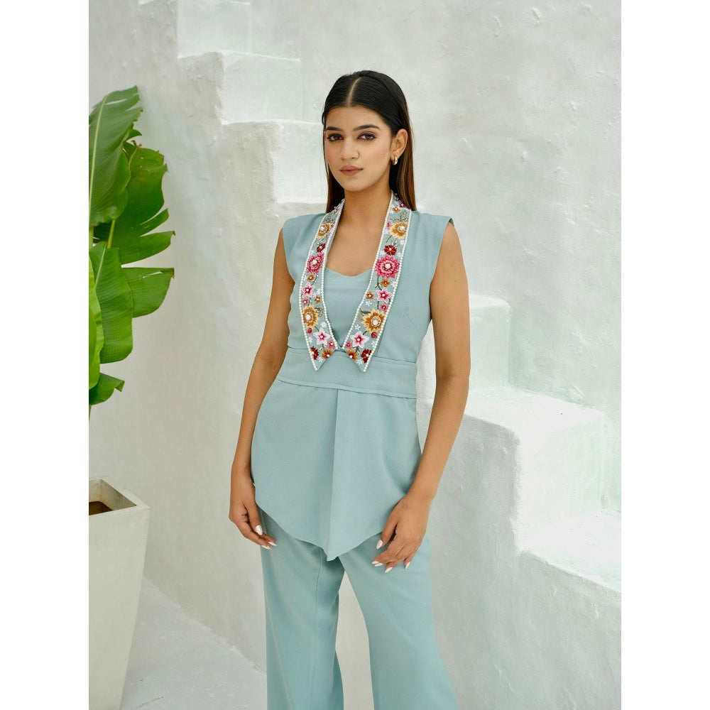 Rabnoor K Sethi Blue Beaded Embellished Top with Pant (Set of 2)