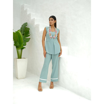 Rabnoor K Sethi Blue Beaded Embellished Top with Pant (Set of 2)