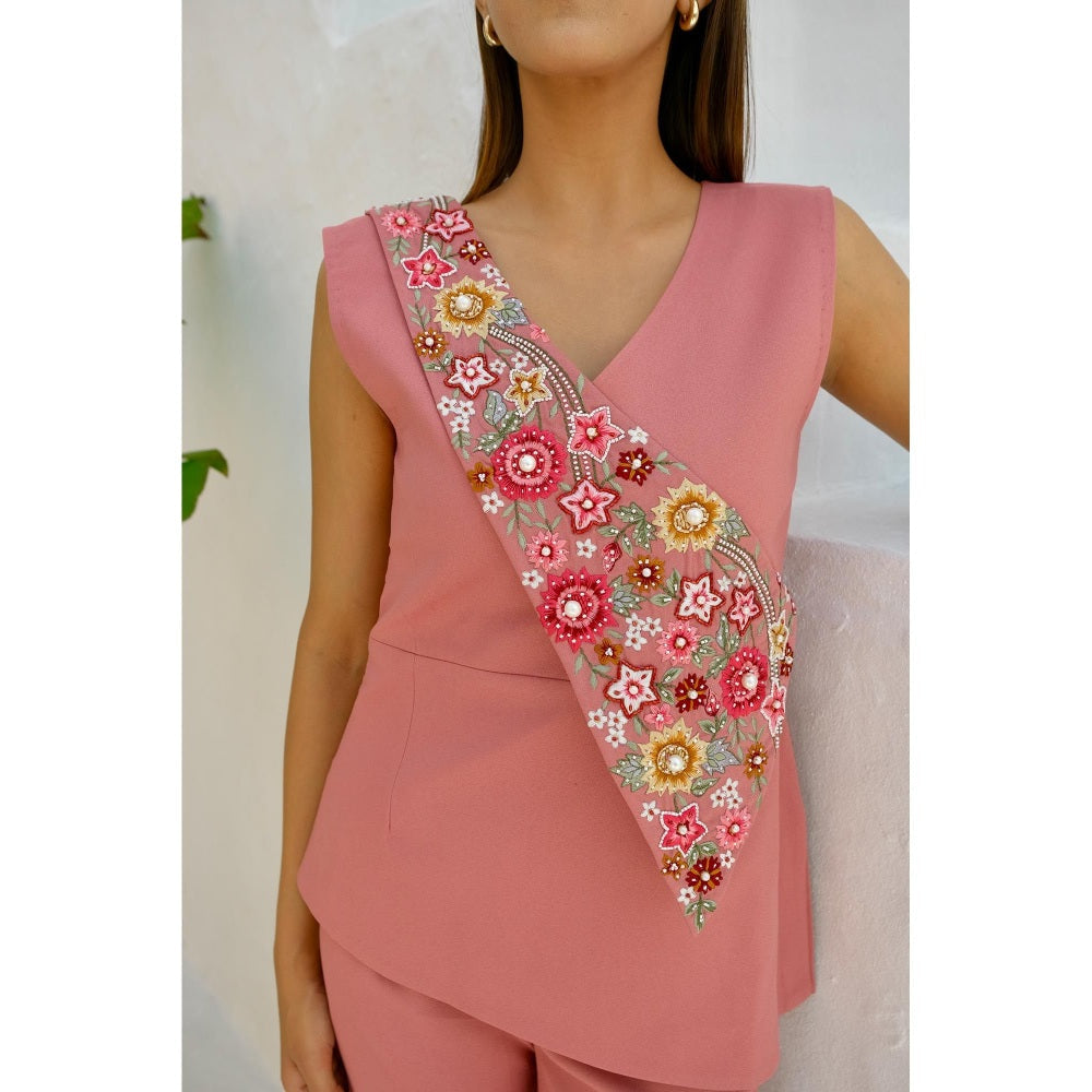 Rabnoor K Sethi Pink Overlapping Embroidered Flap Co-Ord (Set of 2)