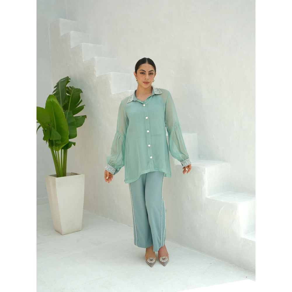 Rabnoor K Sethi Blue Organza Embroidered Shirt with Slip and Pant (Set of 3)