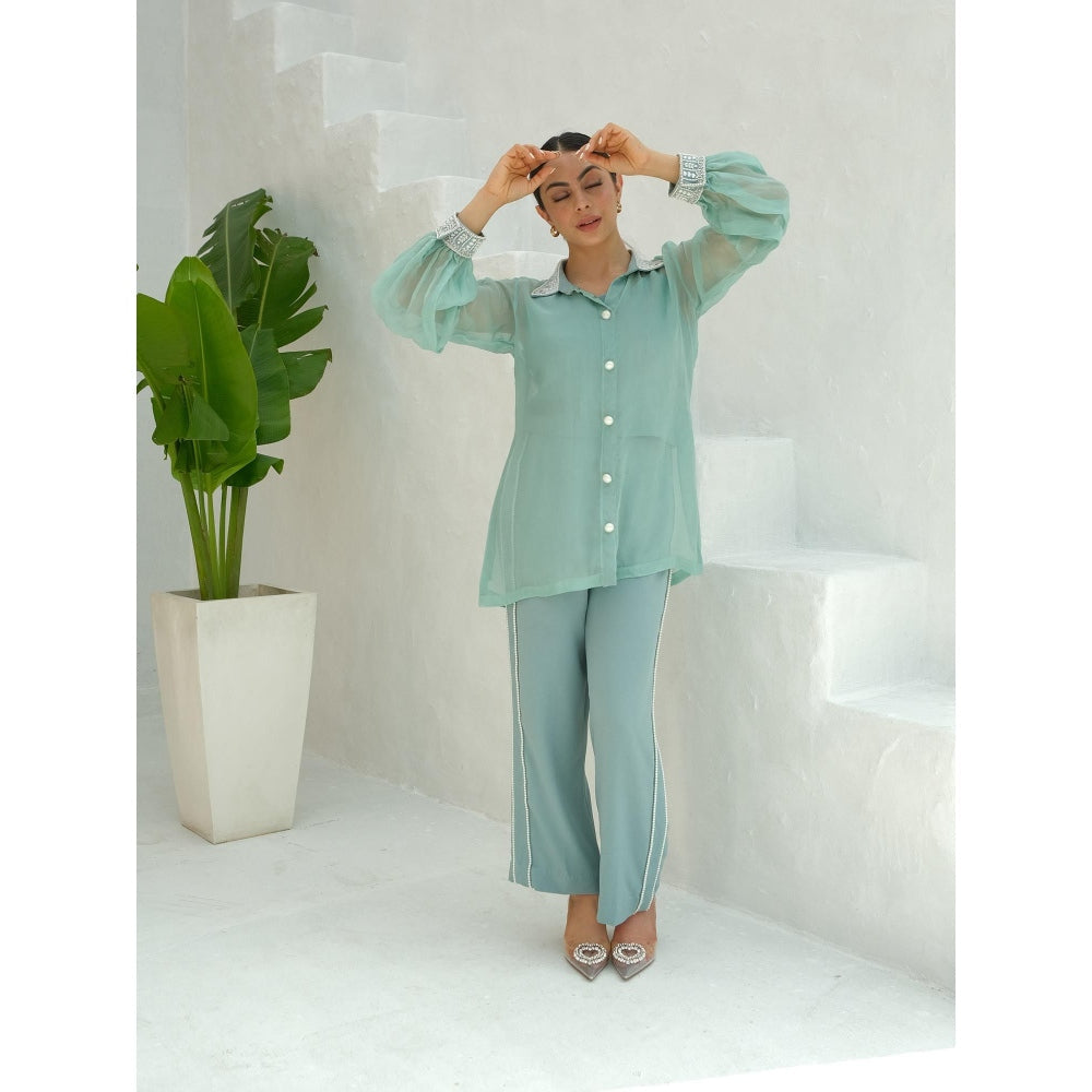 Rabnoor K Sethi Blue Organza Embroidered Shirt with Slip and Pant (Set of 3)
