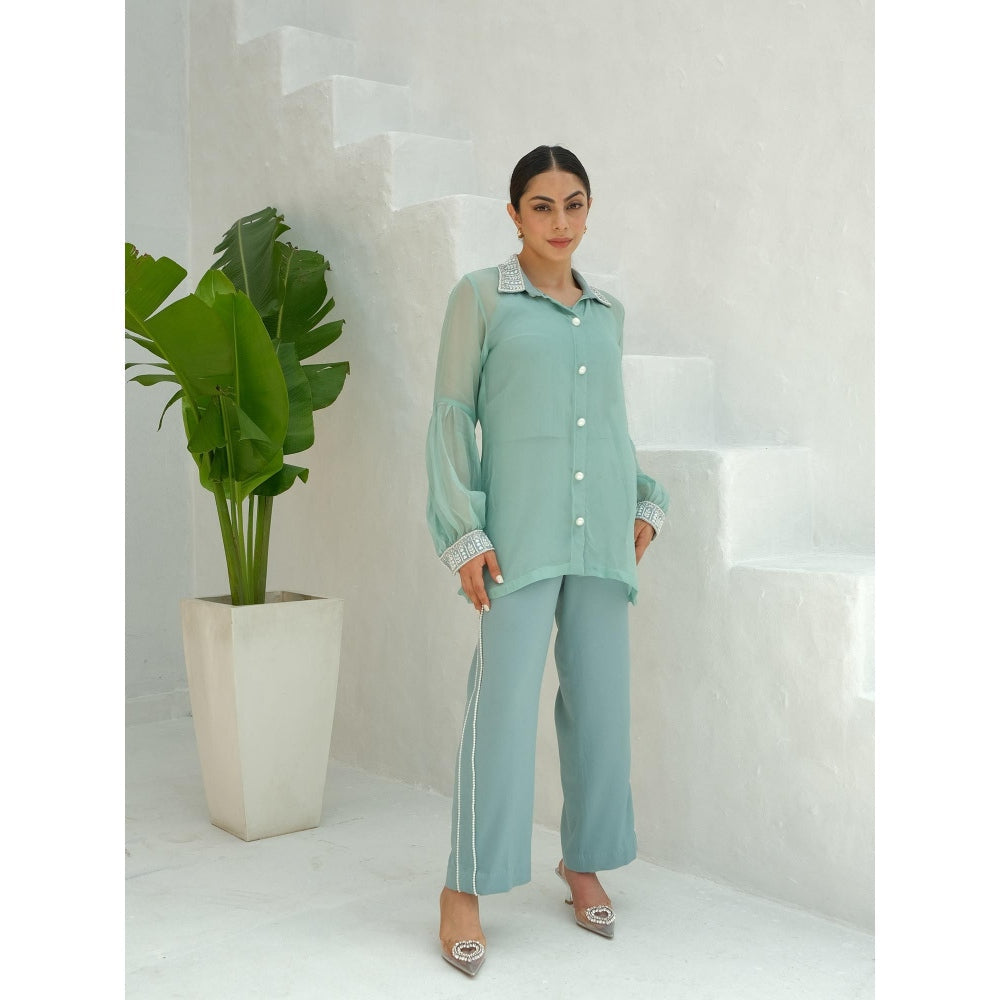 Rabnoor K Sethi Blue Organza Embroidered Shirt with Slip and Pant (Set of 3)