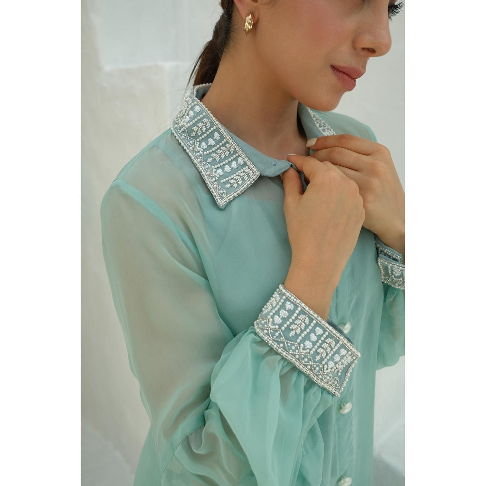 Rabnoor K Sethi Blue Organza Embroidered Shirt with Slip and Pant (Set of 3)