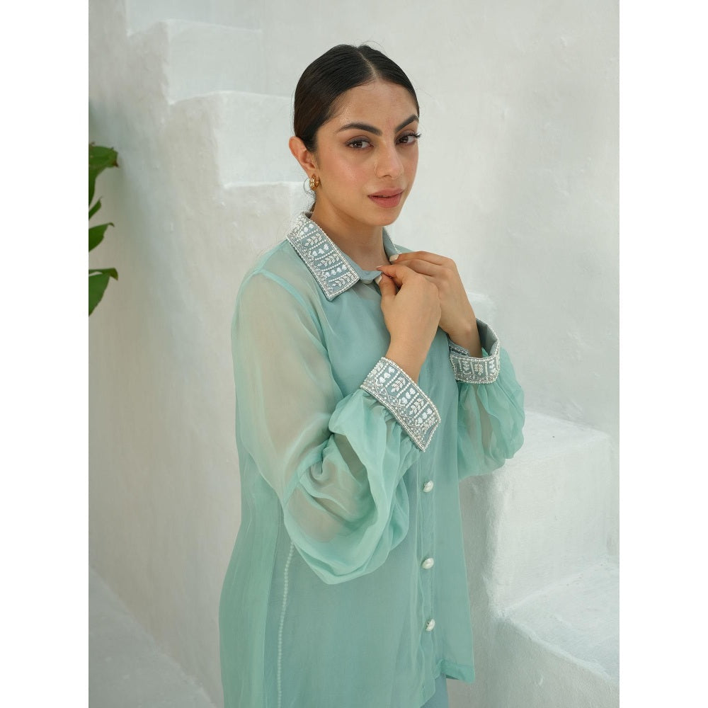 Rabnoor K Sethi Blue Organza Embroidered Shirt with Slip and Pant (Set of 3)