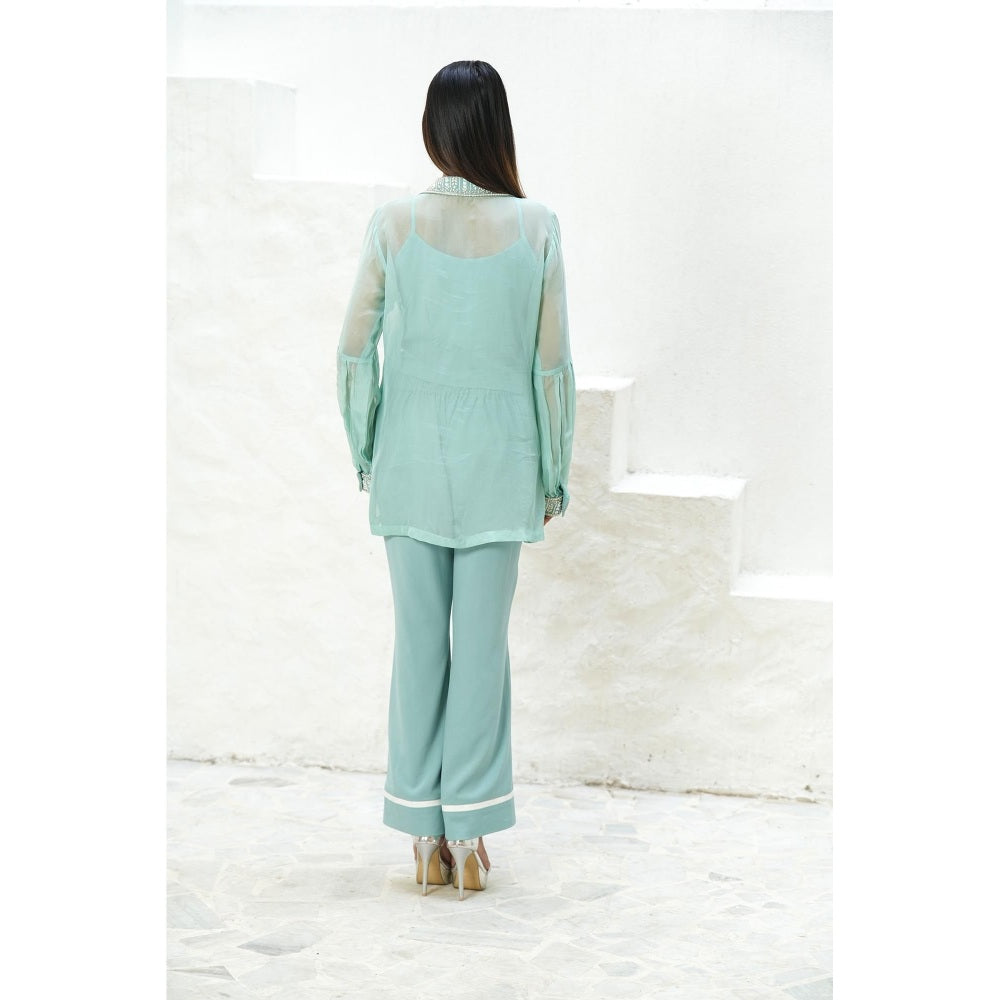 Rabnoor K Sethi Blue Organza Embroidered Shirt with Slip and Pant (Set of 3)