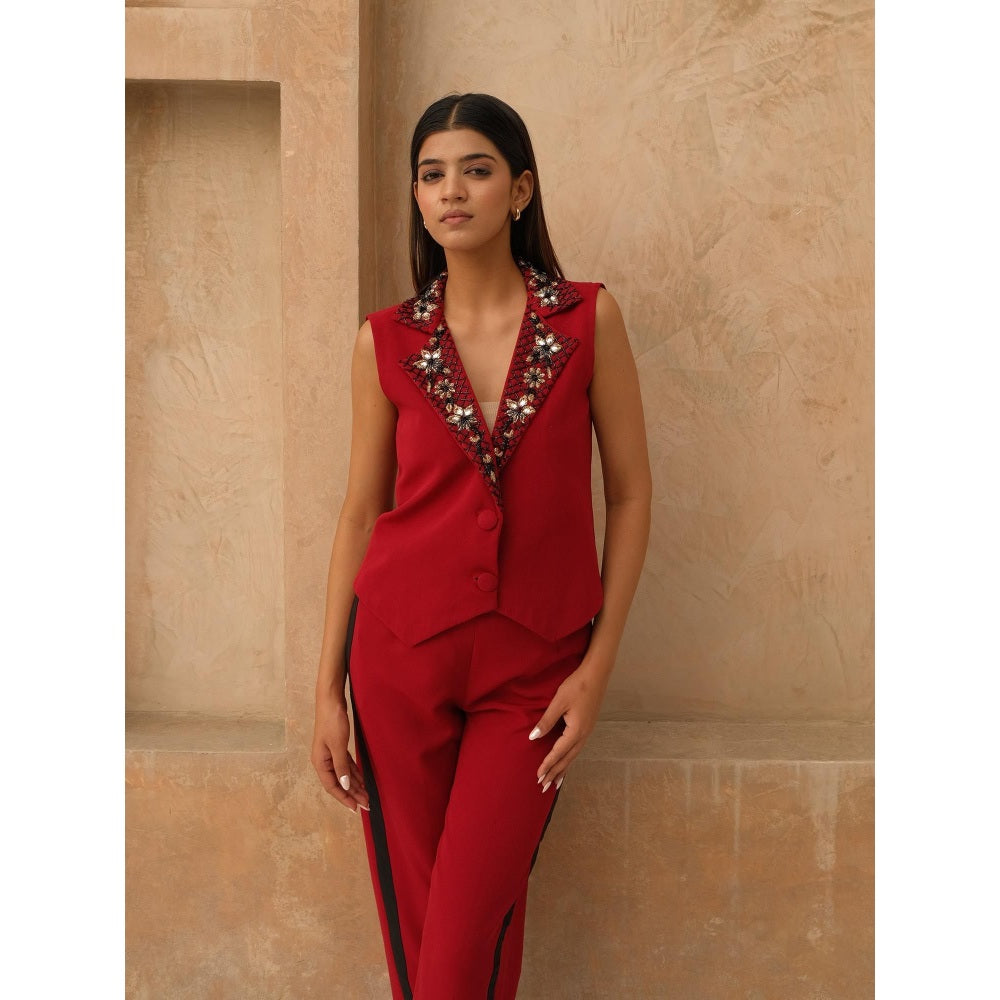 Rabnoor K Sethi Red Embellished Waist Coat with Pant (Set of 2)