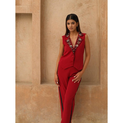 Rabnoor K Sethi Red Embellished Waist Coat with Pant (Set of 2)