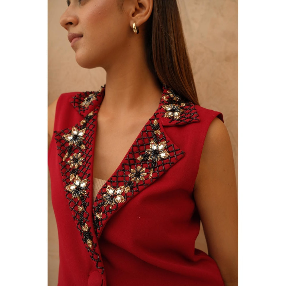 Rabnoor K Sethi Red Embellished Waist Coat with Pant (Set of 2)