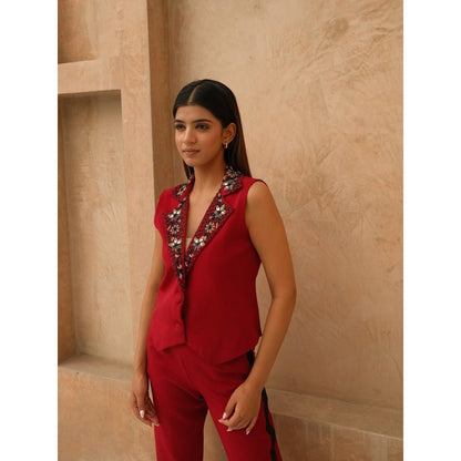 Rabnoor K Sethi Red Embellished Waist Coat with Pant (Set of 2)