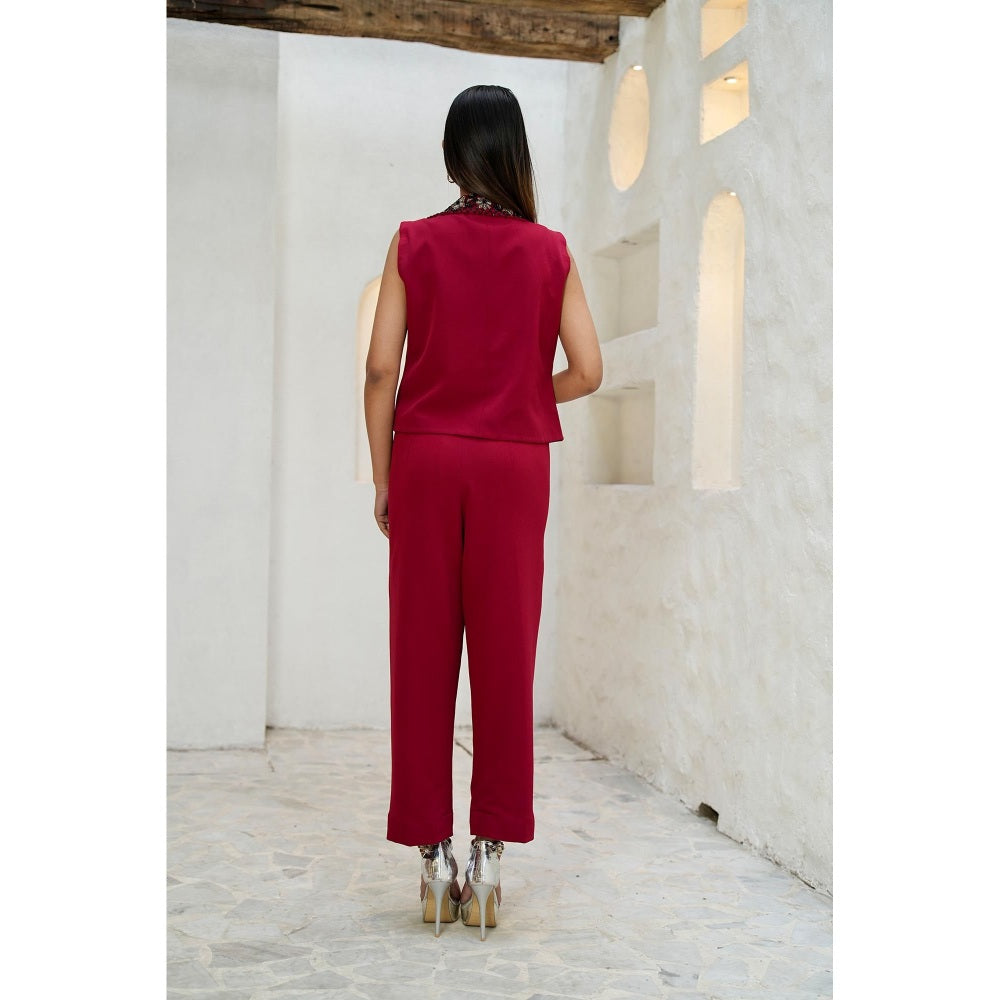 Rabnoor K Sethi Red Embellished Waist Coat with Pant (Set of 2)