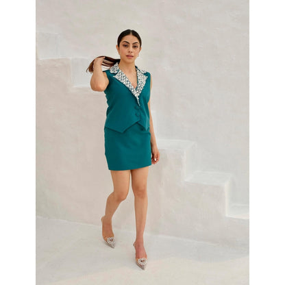 Rabnoor K Sethi Teal Blue Pearl Embellished Waist Coat with Skirt (Set of 2)