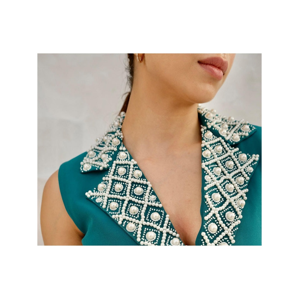 Rabnoor K Sethi Teal Blue Pearl Embellished Waist Coat with Skirt (Set of 2)