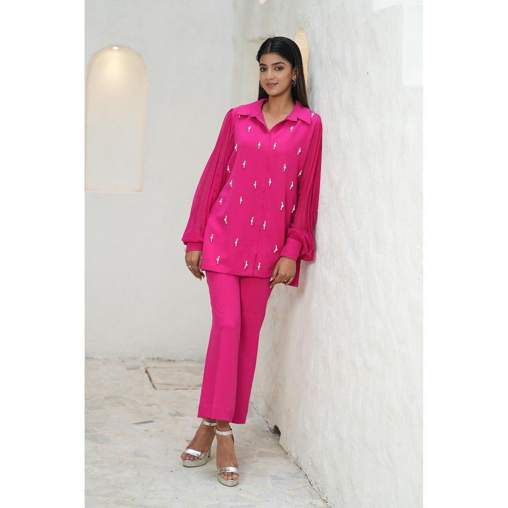 Rabnoor K Sethi Pink Fascia Pearl Embellished Top with Pant (Set of 2)