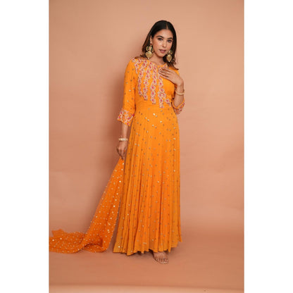 Rabnoor K Sethi Orange Heavy Embroidered Anarkali with Dupatta (Set of 2)