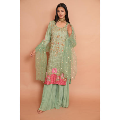 Rabnoor K Sethi Sea Green Embroidered Sharara with Kurta and Dupatta (Set of 3)