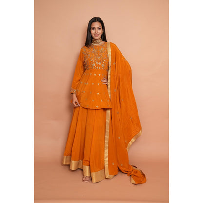 Rabnoor K Sethi Mustard Heavy Embroidered Short Anarkali with Lehenga and Dupatta (Set of 3)