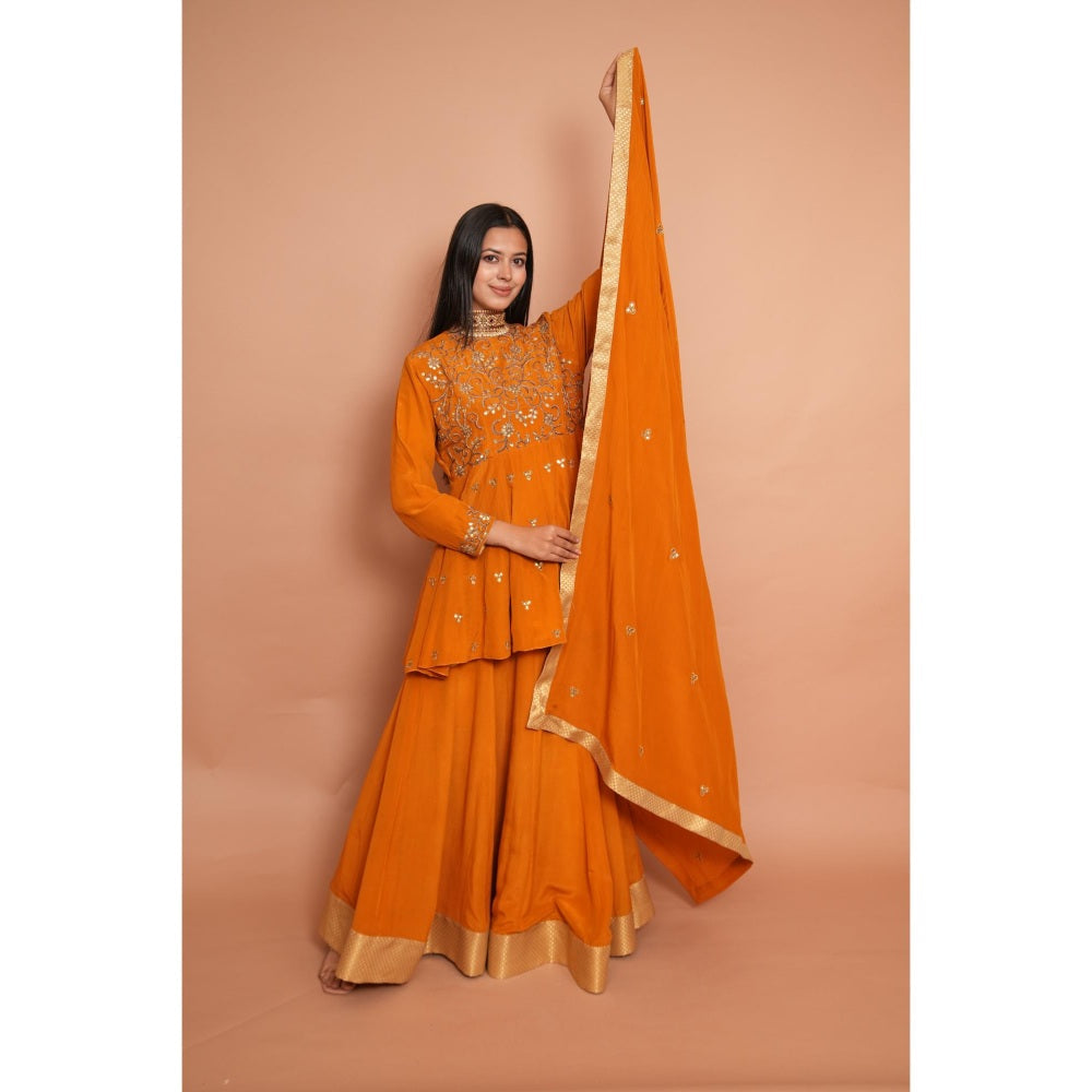 Rabnoor K Sethi Mustard Heavy Embroidered Short Anarkali with Lehenga and Dupatta (Set of 3)