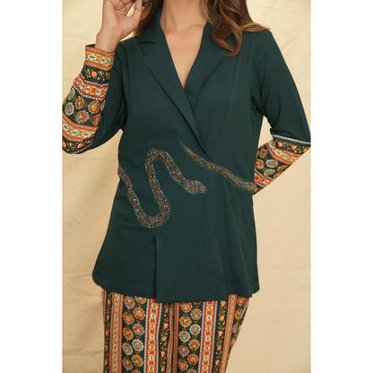 Rabnoor K Sethi Bottle Green Lapel Collar Blazer with Pant (Set of 2)