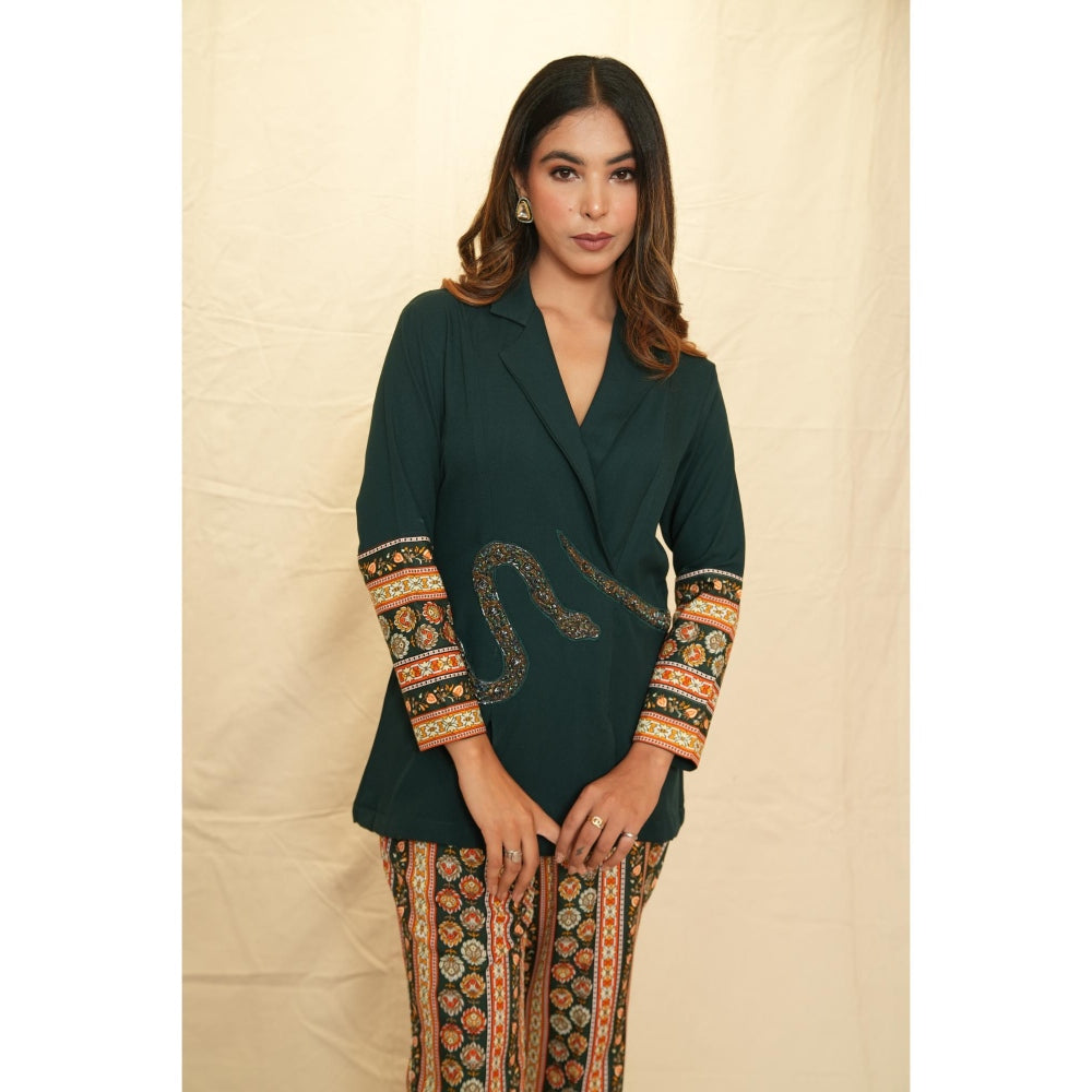 Rabnoor K Sethi Bottle Green Lapel Collar Blazer with Pant (Set of 2)