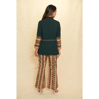 Rabnoor K Sethi Bottle Green Lapel Collar Blazer with Pant (Set of 2)