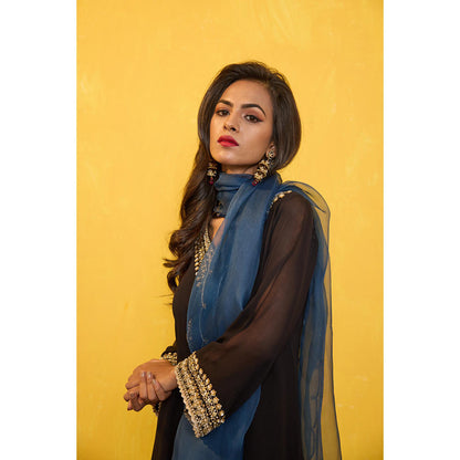 Radha Sharma Georgette Gold and Pearl Handwork Kurta with Palazzo and Dupatta (Set of 3)